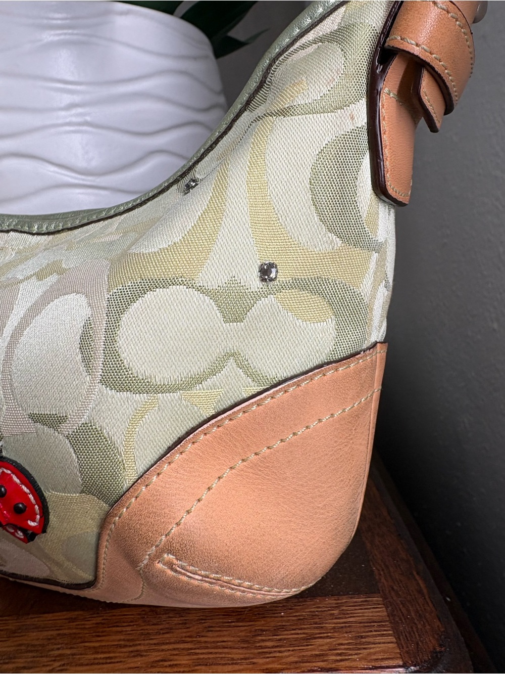 COACH Ladybug Shoulder Bag Green Canvas Leather Hobo Bag Signature 6723 - Picture 10 of 17